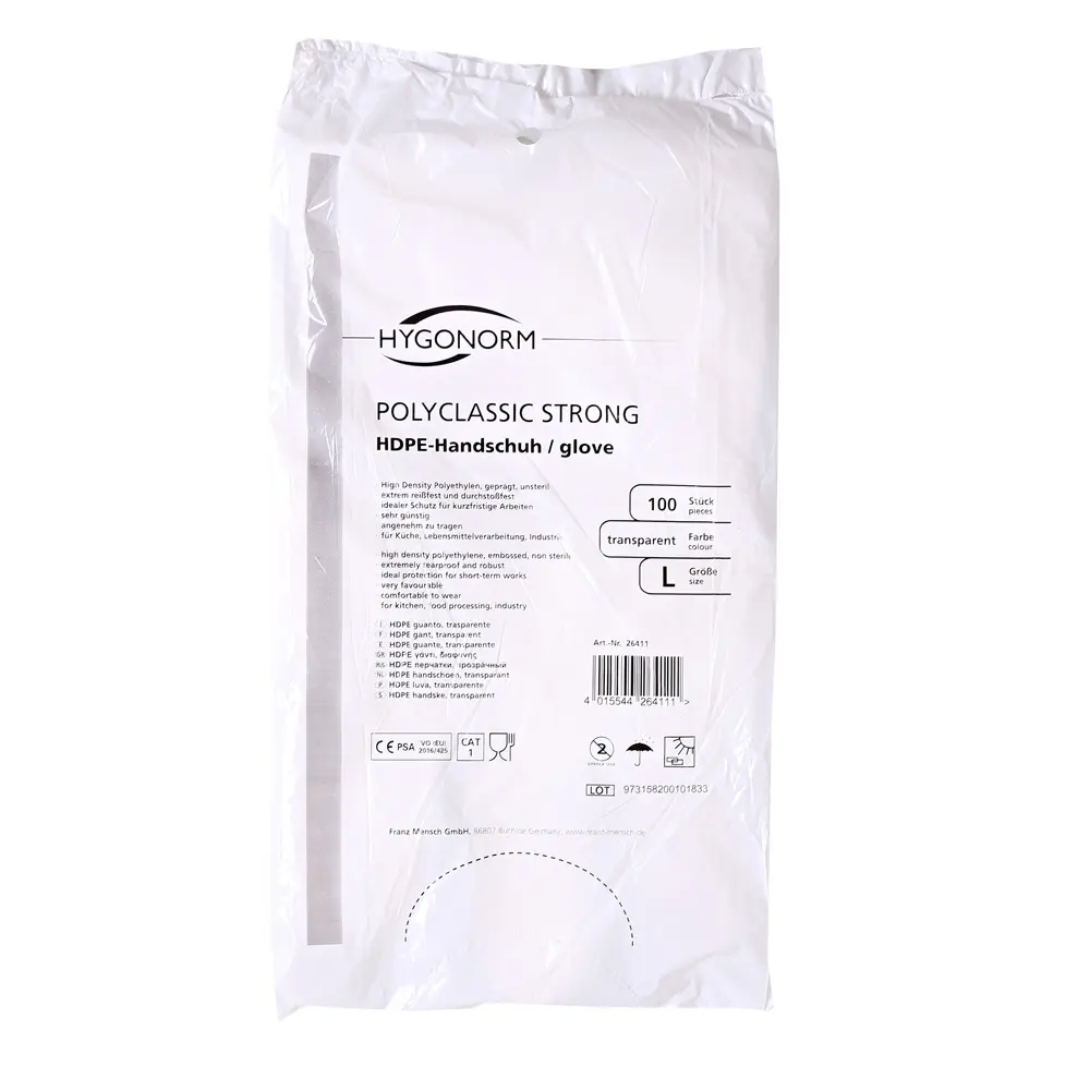 Hygonorm Polyclassic Strong HDPE-Handschuhe transparent geblockt, strapazierfähige puderfreie Einmalhandschuhe aus HDPE für Gastronomie, Lebensmittelindustrie, Medizin und Labor, Größe L, VE 10000 Stück, Art.-Nr. 26411