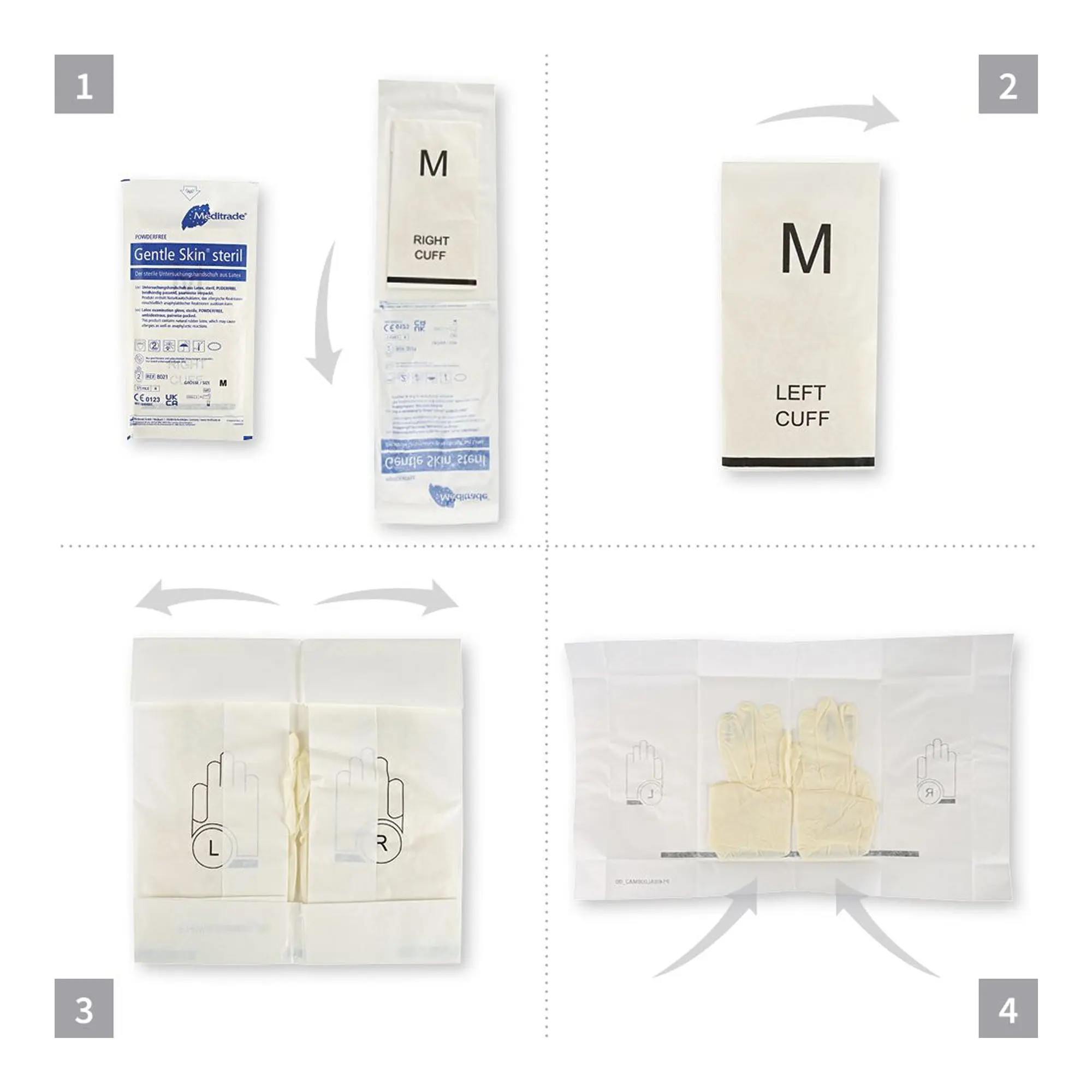 Meditrade Gentle Skin steril Latexhandschuhe weiß puderfrei, sterile Latex-Einmalhandschuhe für Alten- und Krankenpflege, mit Rollrand und griffiger Oberfläche, Abbildung der Entnahme- und Anziehhilfe, VE 200 Paar