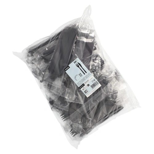 Starpak Mehrweg-Bestecksets PP-MF 22 cm schwarz : Messer, Gabel, Serviette in Folienbeutel, 10 x 50 Stück