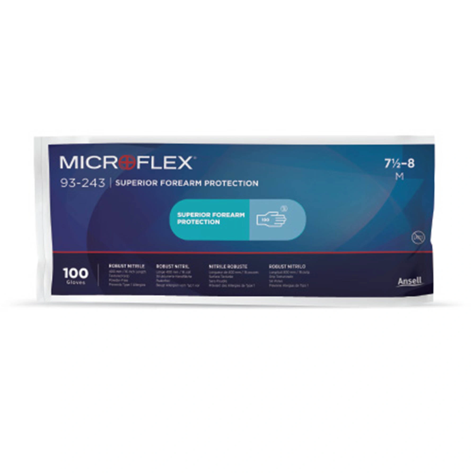 Ansell Microflex 93-243 Nitrilhandschuhe blau puderfrei, VE 1000 Stück, lange Nitrilhandschuhe für sicheren Schutz in Medizin, Labor und Lebensmittelindustrie, Artikelnummer 93-243