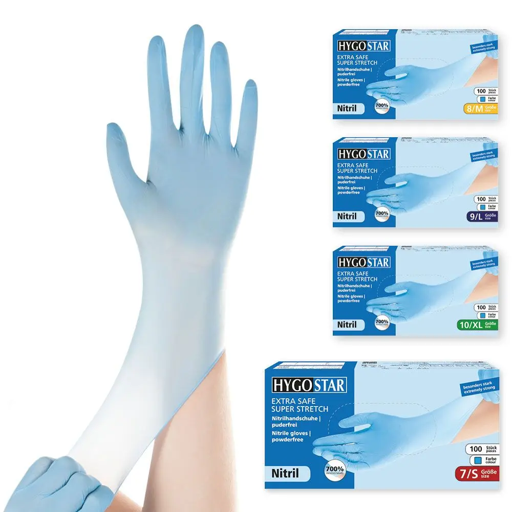 Hygostar Extra Safe Super Stretch Nitrilhandschuhe blau puderfrei, VE 1000 Stück, elastische Nitrilhandschuhe in Größen 7/S bis 10/XL für medizinische, pflegerische, gastronomische und industrielle Anwendungen