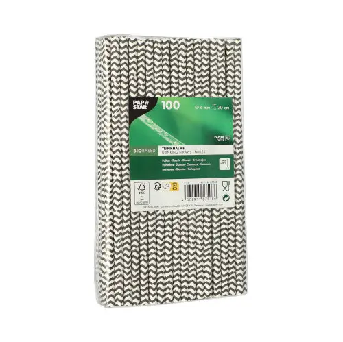 PAPSTAR Trinkhalme, Papier Ø 6 mm, 20 cm schwarz/weiß Zig-Zag aus Papier, FSC-zertifiziert, umweltfreundliche Trinkhalme im 100er-Pack, Art.-Nr. 87518
