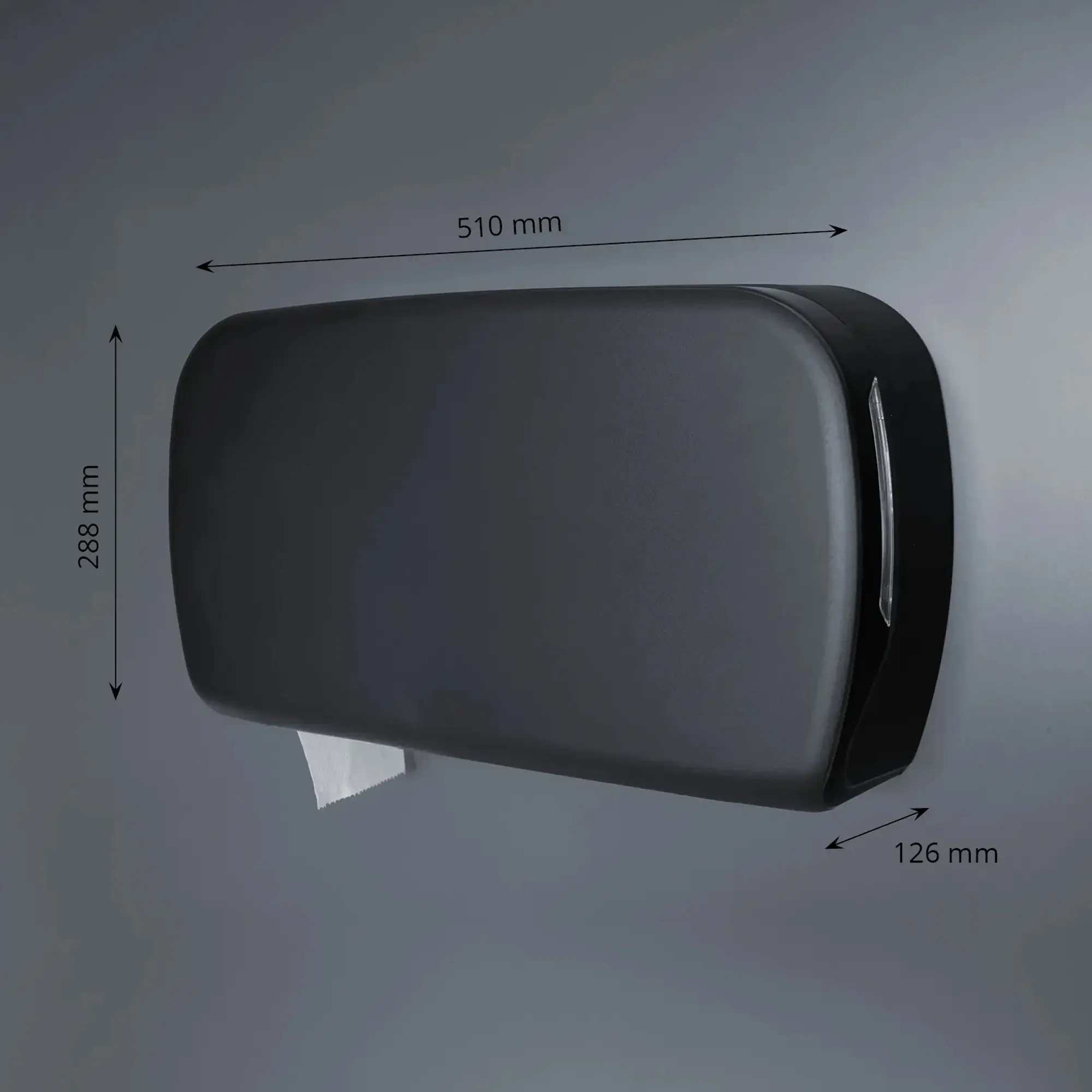 SEMYtop Maxi Jumbo Toilettenpapierspender für 2 Rollen bis Ø 23 cm aus schwarzem Kunststoff, Wandmontage, Maße 510 x 288 x 126 mm, geeignet für stark frequentierte Sanitäranlagen