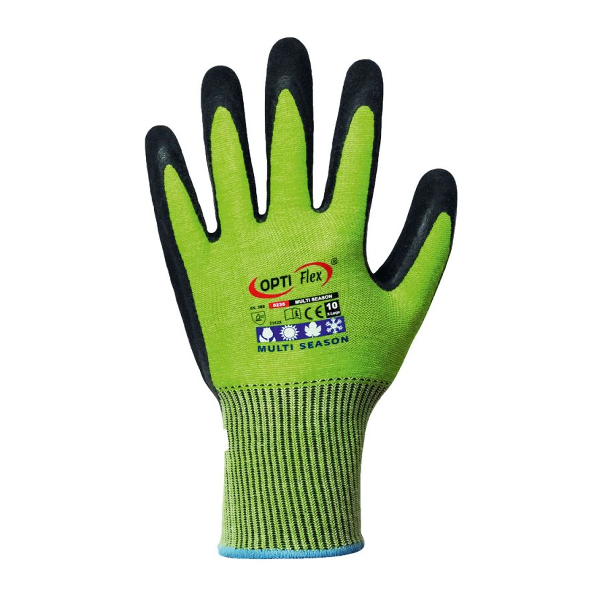Optiflex Multi Season 0235 Feinstrickhandschuhe mit Latex-Beschichtung grün/schwarz, VE 120 Paar