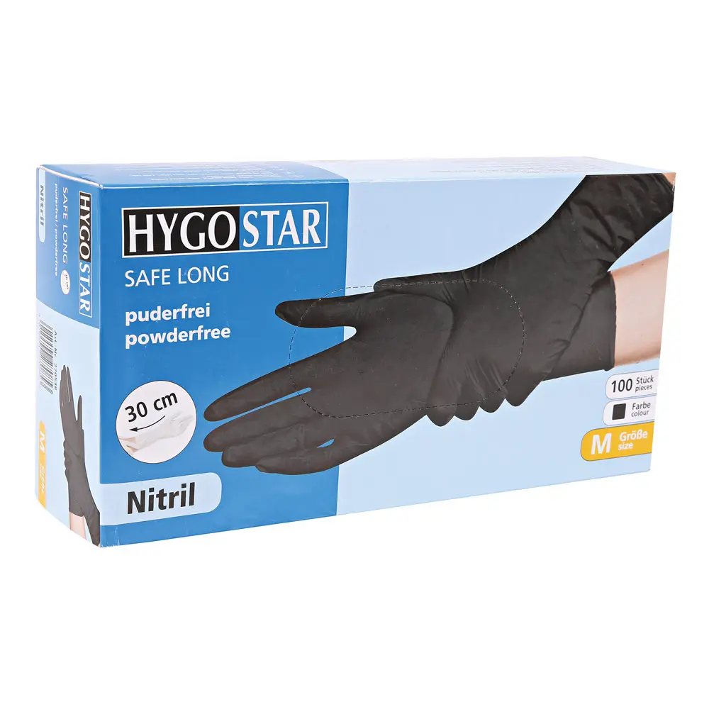 Hygostar Safe Long Nitrilhandschuhe schwarz puderfrei, lange Nitril-Einweghandschuhe 30 cm für Medizin, Pflege und Gastronomie, VE 1000 Stück