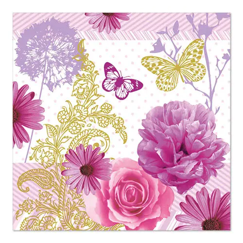 PAPSTAR Servietten 3-lagig 1/4-Falz 33 x 33 cm Charlene mit rosa Blumen und gelb-lila Schmetterlingen, umweltfreundliche Tissue-Servietten, FSC-zertifiziert, Nordic Eco Label, Art.-Nr. 86210