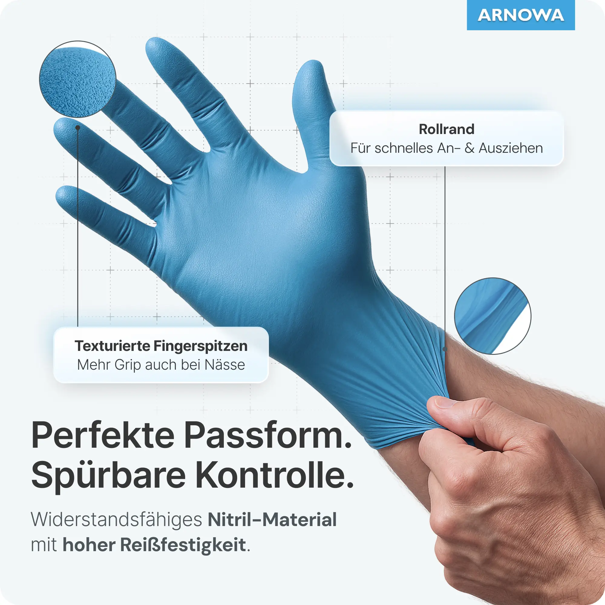 ARNOMED CLASSIC NITRIL BLUE Nitrilhandschuhe blau puderfrei, elastische Einmal-Untersuchungshandschuhe aus Nitril mit Rollrand und texturierten Fingerspitzen für sicheren Grip