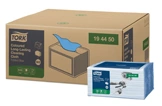 Tork Reinigungstücher Advanced W4 in großer Versandkartonage mit Spenderbox im Vordergrund, lange haltbare Putztücher für professionelle Reinigung, Artikelnummer 194450