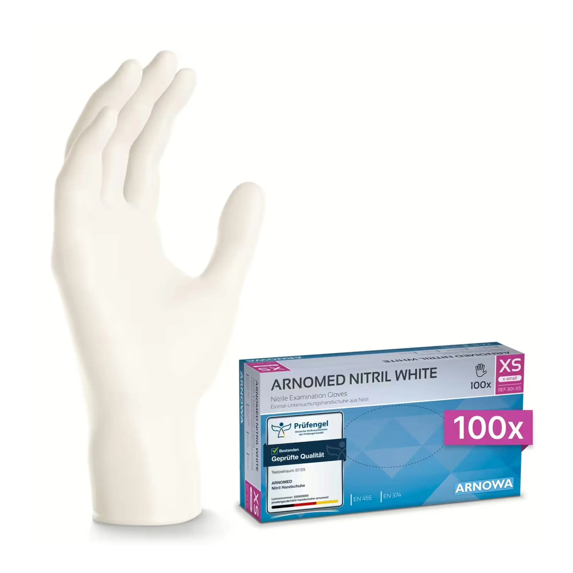 ARNOMED NITRIL WHITE Nitril Einmal-Untersuchungshandschuhe XS weiß, latexfrei und puderfrei, Box mit 100 Stück für Medizin, Pflege und Hygiene, REF 300-XS