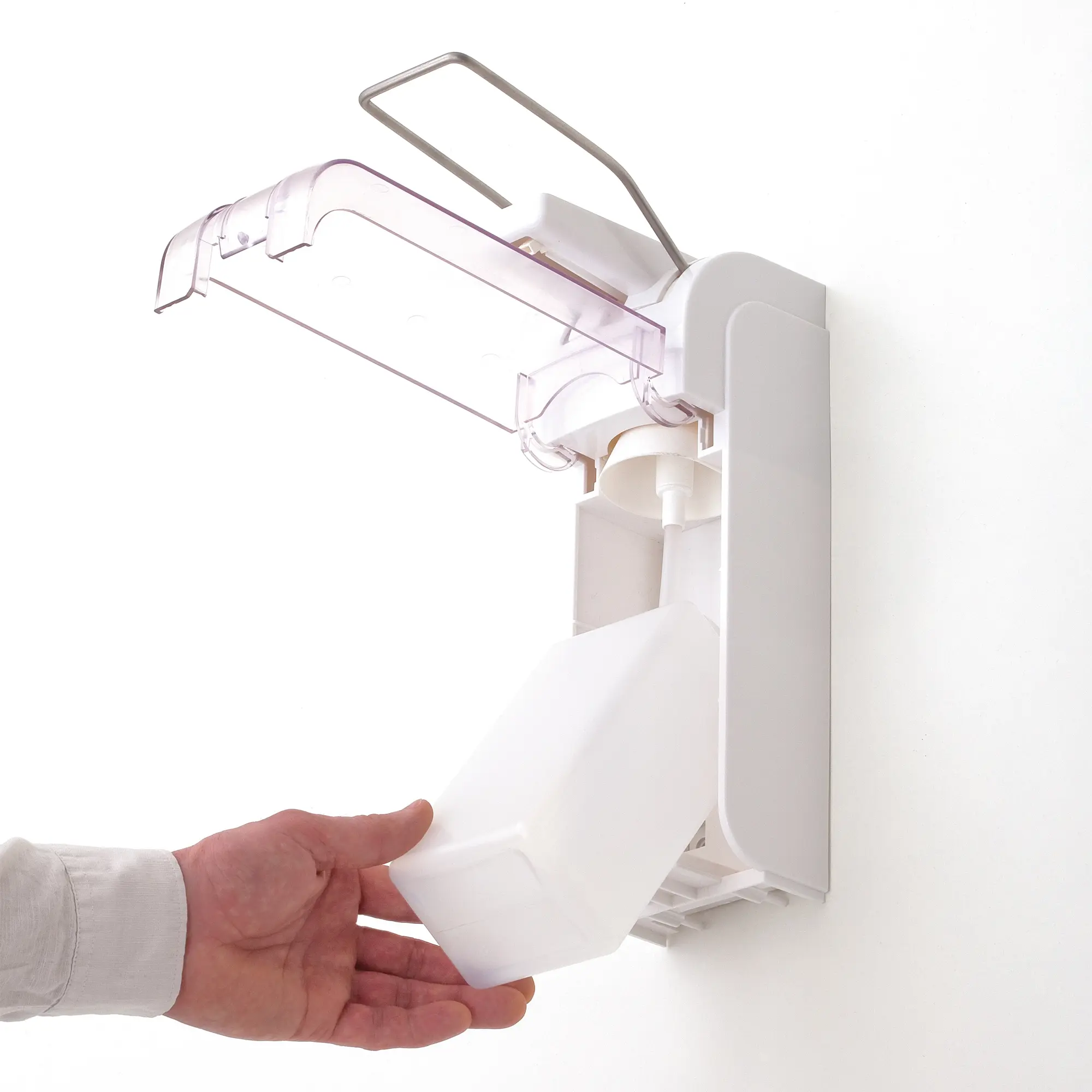 Armhebelspender Universal 500 ml/1000 ml Kunststoff von JM Metzger, Wandspender mit Edelstahlarmhebel, klappbarer Abtropfschale und entnehmbarem Nachfüllbehälter für Euro-Flaschen