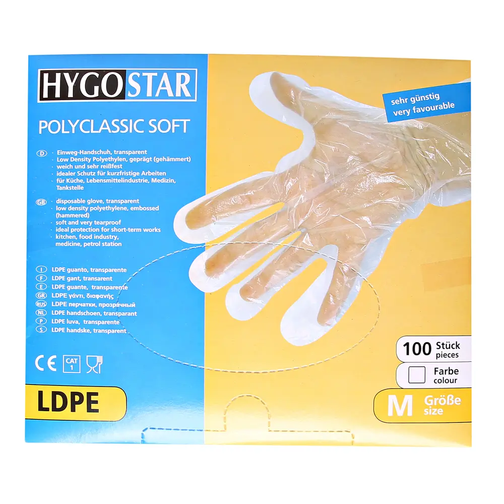 Hygostar Polyclassic Soft LDPE-Handschuhe transparent aus softem LDPE, gehämmert für bessere Griffigkeit, puderfrei, Einweghandschuhe für Küche, Lebensmittelindustrie, Medizin und Labor, VE 5000 Stück, Art.-Nr. 26421