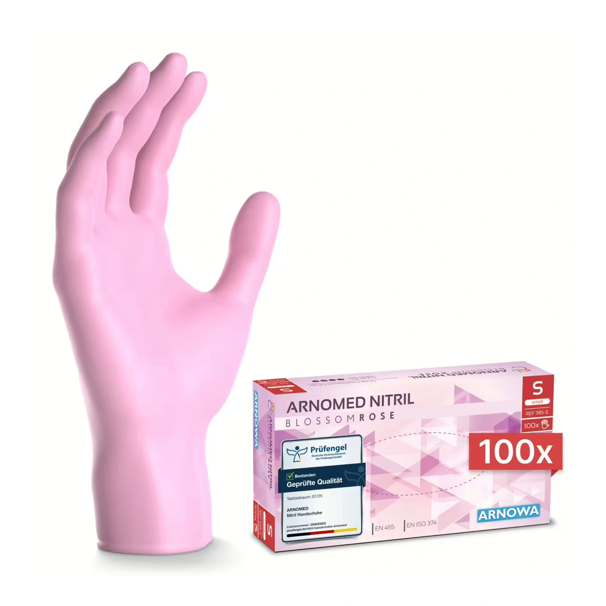 ARNOMED RAINBOW NITRIL BLOSSOM ROSE Nitrilhandschuhe rosa puderfrei, 100 Stück in Spenderbox, Einmalhandschuhe aus Nitril für Medizin, Pflege, Labor und Lebensmittelbereich, Größe S, Art.-Nr. REF 3865-S