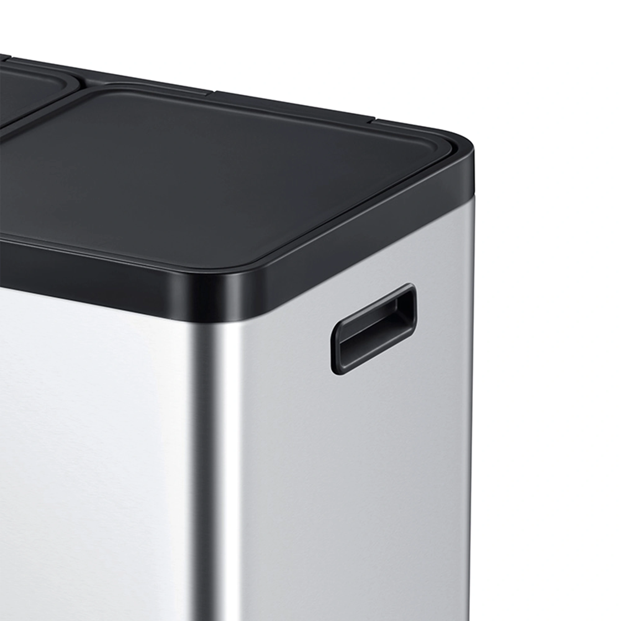 EKO Essential 1 Recycler Treteimer 3 x 20 Liter Klappdeckel aus Edelstahl, Detailansicht von Deckel und seitlichem Griff, Artikelnummer 12345