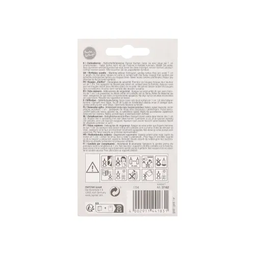 PAPSTAR Zahlenkerze mit Halter 7 cm gold "5", Rückseite der Verpackung mit mehrsprachigen Sicherheitshinweisen, Piktogrammen und Barcode, Artikel 37162