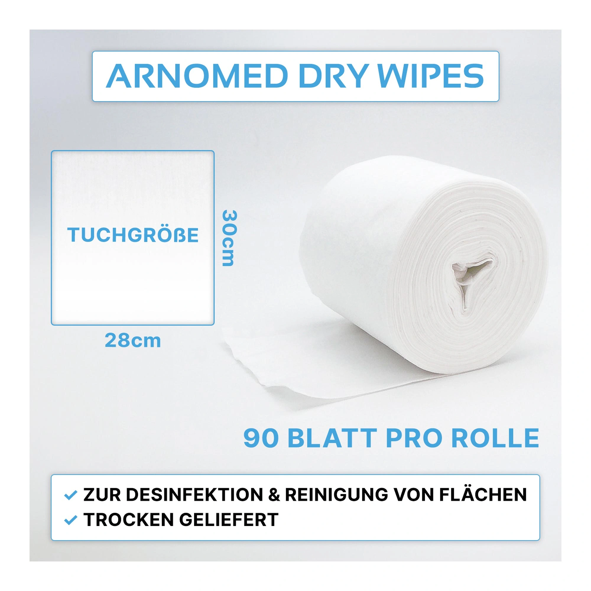 ARNOMED DRY WIPES Trockene Vliestücher, 28 x 30 cm auf Rolle, 90 Blatt, fusselfrei und reißfest zur trockenen Reinigung oder Tränkung mit Desinfektionsmitteln, ARNOMED