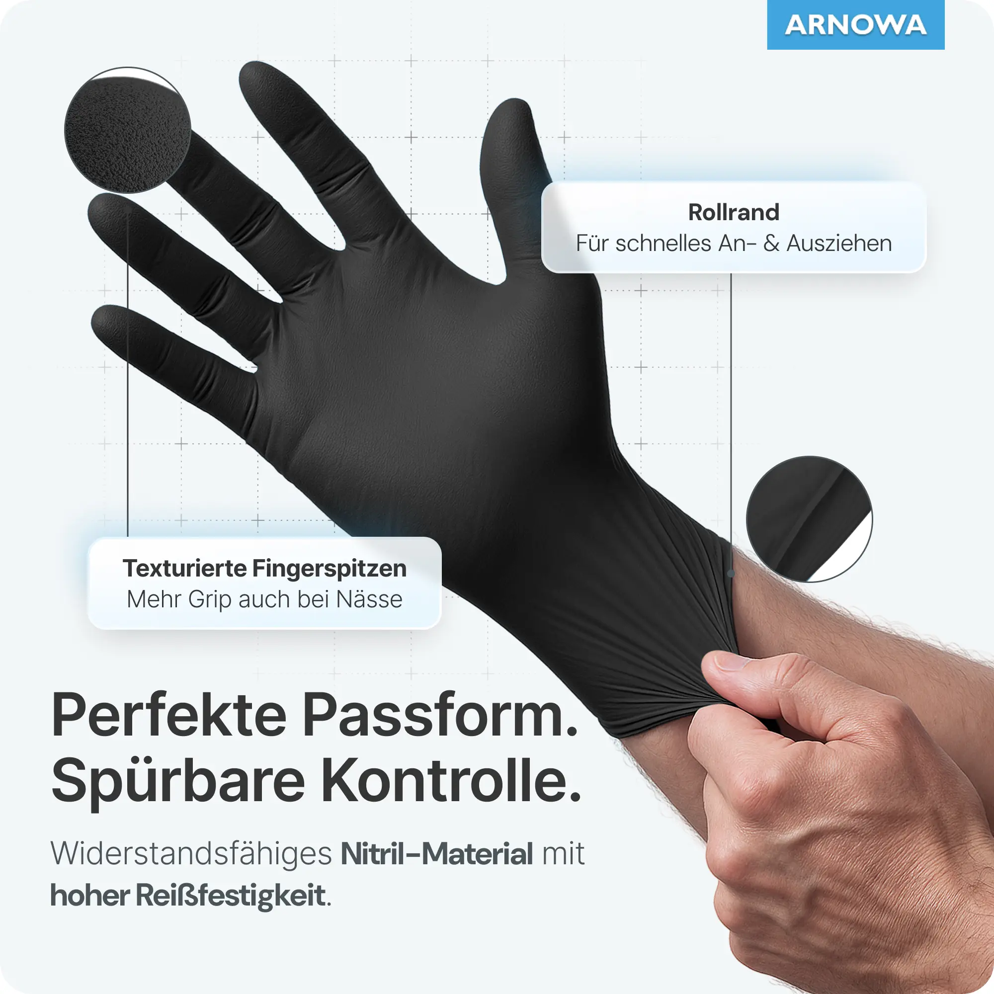 ARNOMED CLASSIC NITRIL MIDNIGHT BLACK Nitrilhandschuhe schwarz puderfrei, latexfreie Untersuchungshandschuhe mit texturierten Fingerspitzen, Rollrand und hoher Reißfestigkeit für Medizin, Pflege und Labor