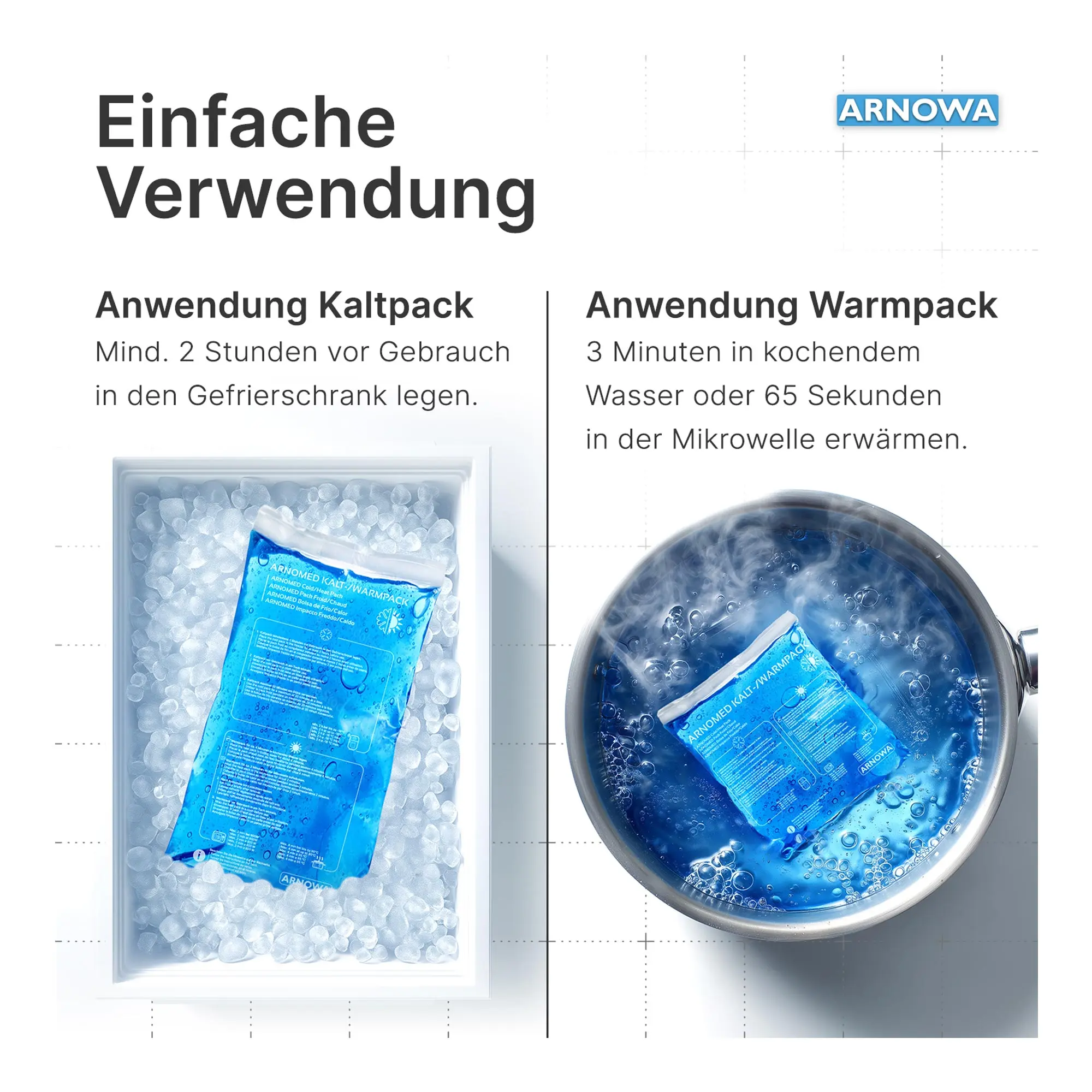 ARNOMED Kalt-/Warmpack, 2 Stück, wiederverwendbare Gel-Kalt-Warm-Kompressen von ARNOMED, Anwendung als Kaltpack im Gefrierfach und als Warmpack im Wasserbad oder in der Mikrowelle