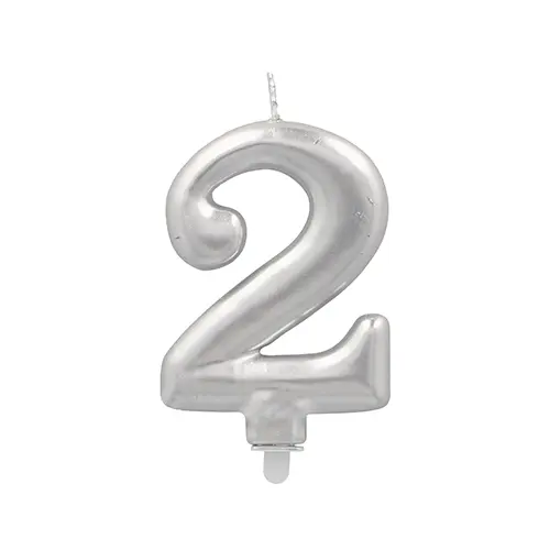 PAPSTAR Zahlenkerze mit Halter 7 cm silber "2" aus Paraffin, raucharmer Abbrand, ideal für Geburtstage und Jubiläen, Art.-Nr. 37157