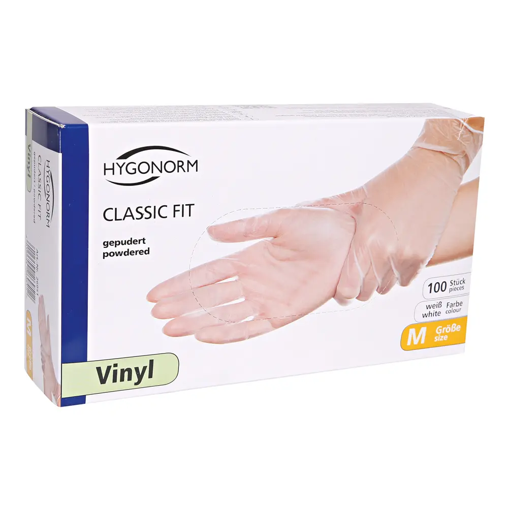 Hygonorm Classic Fit Vinylhandschuhe transparent gepudert, Größe M, Einmalhandschuhe aus Vinyl für Medizin, Labor und Lebensmittelindustrie, VE 1000 Stück