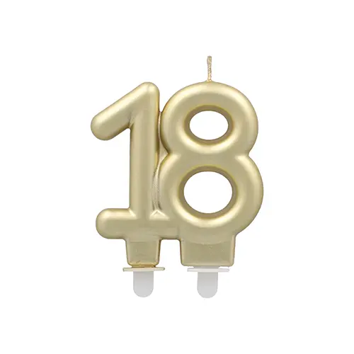 PAPSTAR Jubiläumskerzen mit Halter 7 cm gold "18" für den 18. Geburtstag, hochwertige Paraffinkerze mit stabilem Halter, Artikel 37140