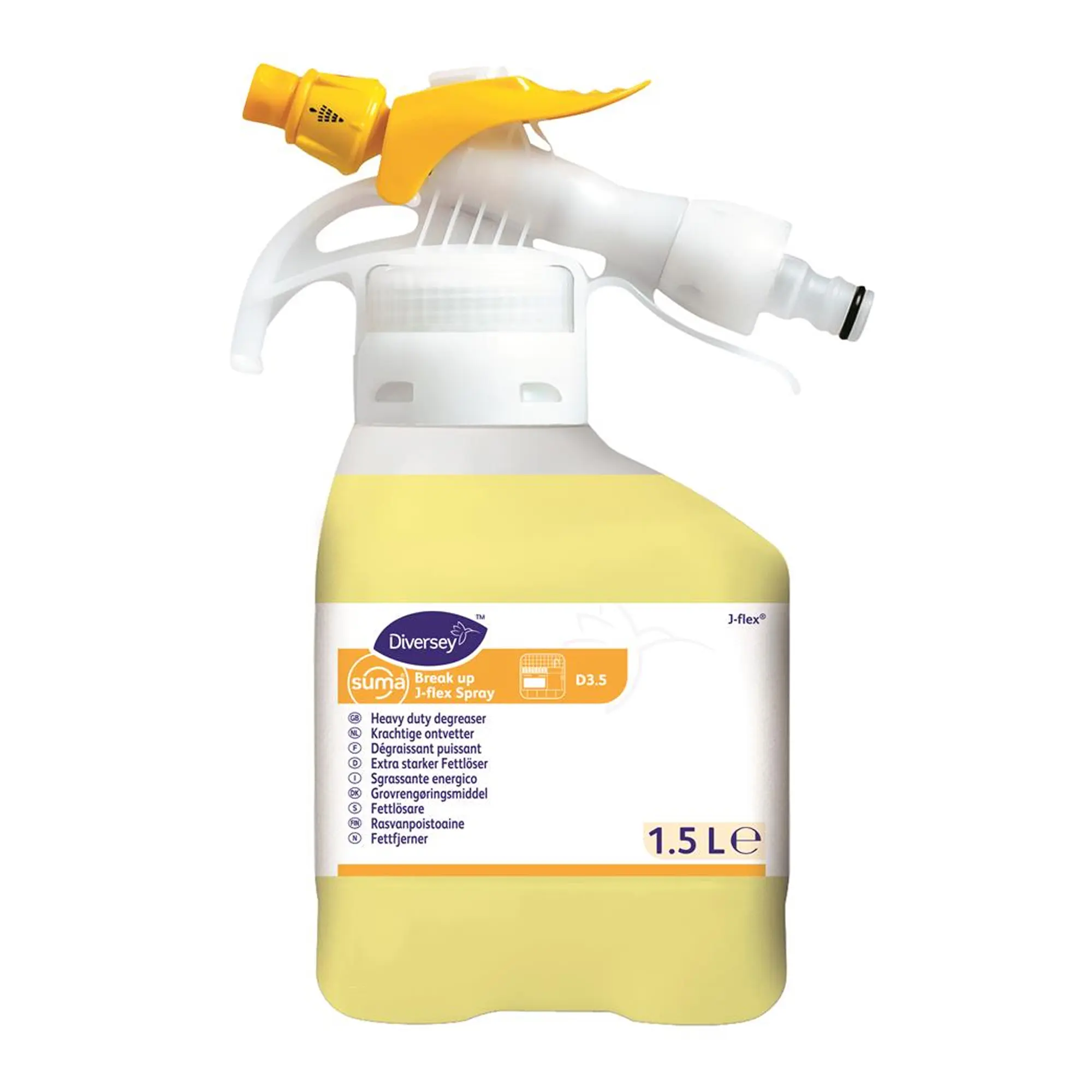 Suma Break up D3.5 J-Flex Fettlöser Konzentrat von Diversey, konzentrierter, aluminiumsicherer Fettlöser für stark verschmutzte Küchenoberflächen, praktisches J-Flex Dosiersystem, 1,5 Liter