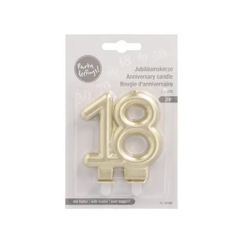 PAPSTAR Jubiläumskerzen mit Halter 7 cm gold "18" aus Paraffin, 7 cm hoch, ideale Tortenkerze zum 18. Geburtstag, Artikel 37140