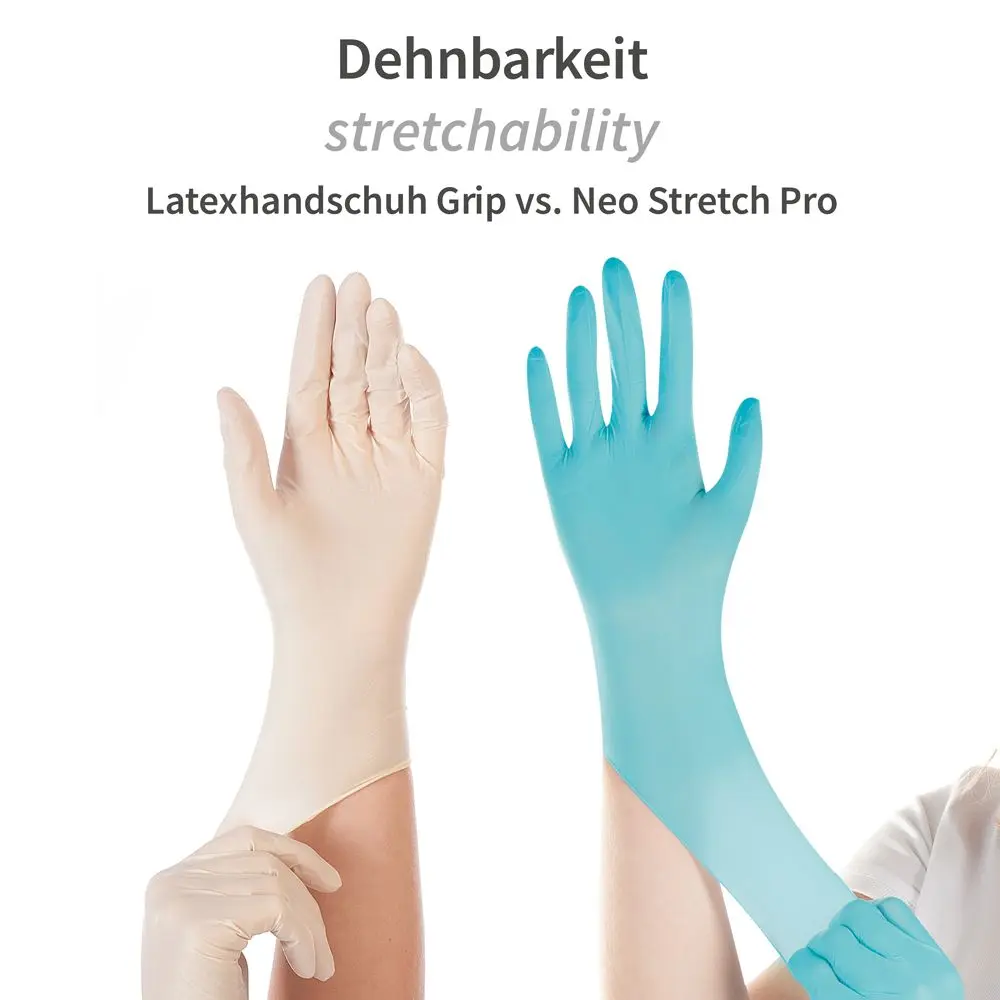 Hygostar Neo Strech Pro Nitrilhandschuhe türkis puderfrei, latexfrei, im Vergleich zur Dehnbarkeit von Latexhandschuh Grip, VE 1000 Stück