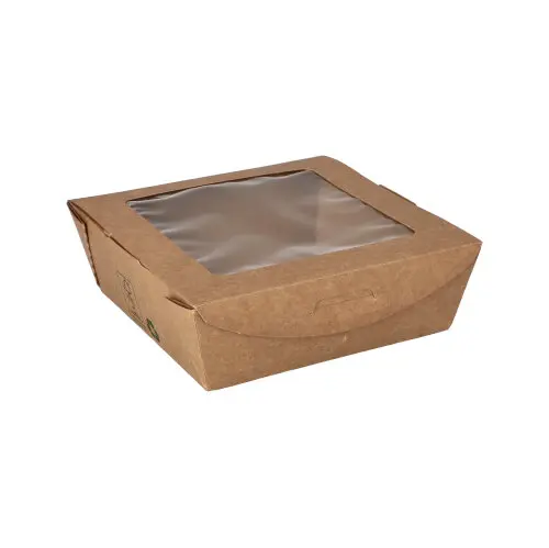 PAPSTAR Feinkostboxen, Pappe mit Sichtfenster aus PLA eckig 650 ml 4,5 cm x 12 cm x 12 cm braun "100% Fair"