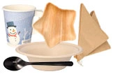 Winter Einweg-Geschirr Set mit Schneemann-Pappbecher, Palmblatt-Sternschale, Suppenschale, braunen Servietten und schwarzem Löffel, Art.-Nr. 100