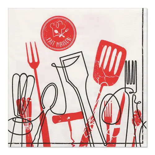 PAPSTAR Servietten, 3-lagig 1/4-Falz 33 x 33 cm "Ma Cuisine" mit rot-schwarzem Küchenutensilien-Dekor, umweltfreundliche Tissue Partyservietten, Artikel 89127