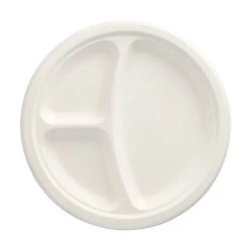 PAPSTAR Teller, Zuckerrohr "pure" 3-geteilt Ø 23 cm, weißer runder Einweg-Teller aus Bagasse, mikrowellengeeignet, nachhaltig, Art.-Nr. 89749