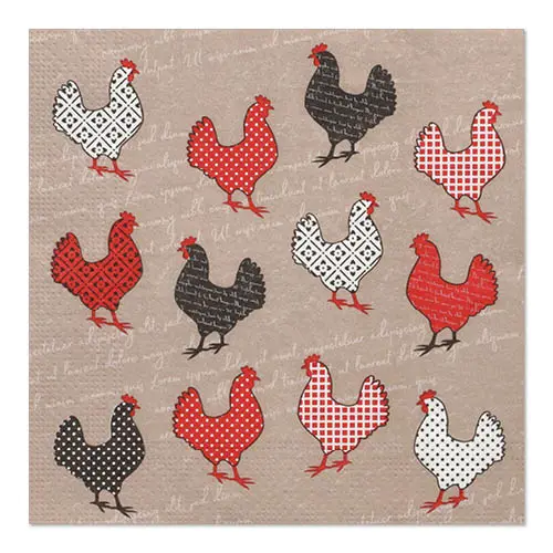 PAPSTAR Servietten, 3-lagig 1/4-Falz 33 cm x 33 cm Cocotte, braune Tissue-Servietten mit roten, schwarzen und weißen Huhn-Motiven, FSC-zertifiziert