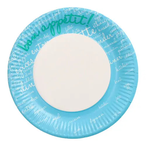 PAPSTAR Teller, Pappe rund Ø 23 cm blau "Table Pleasures", runder FSC-Pappteller in Hellblau mit Aufschrift "bon appétit", nachhaltiger Partyteller, Artikel 89158 89382