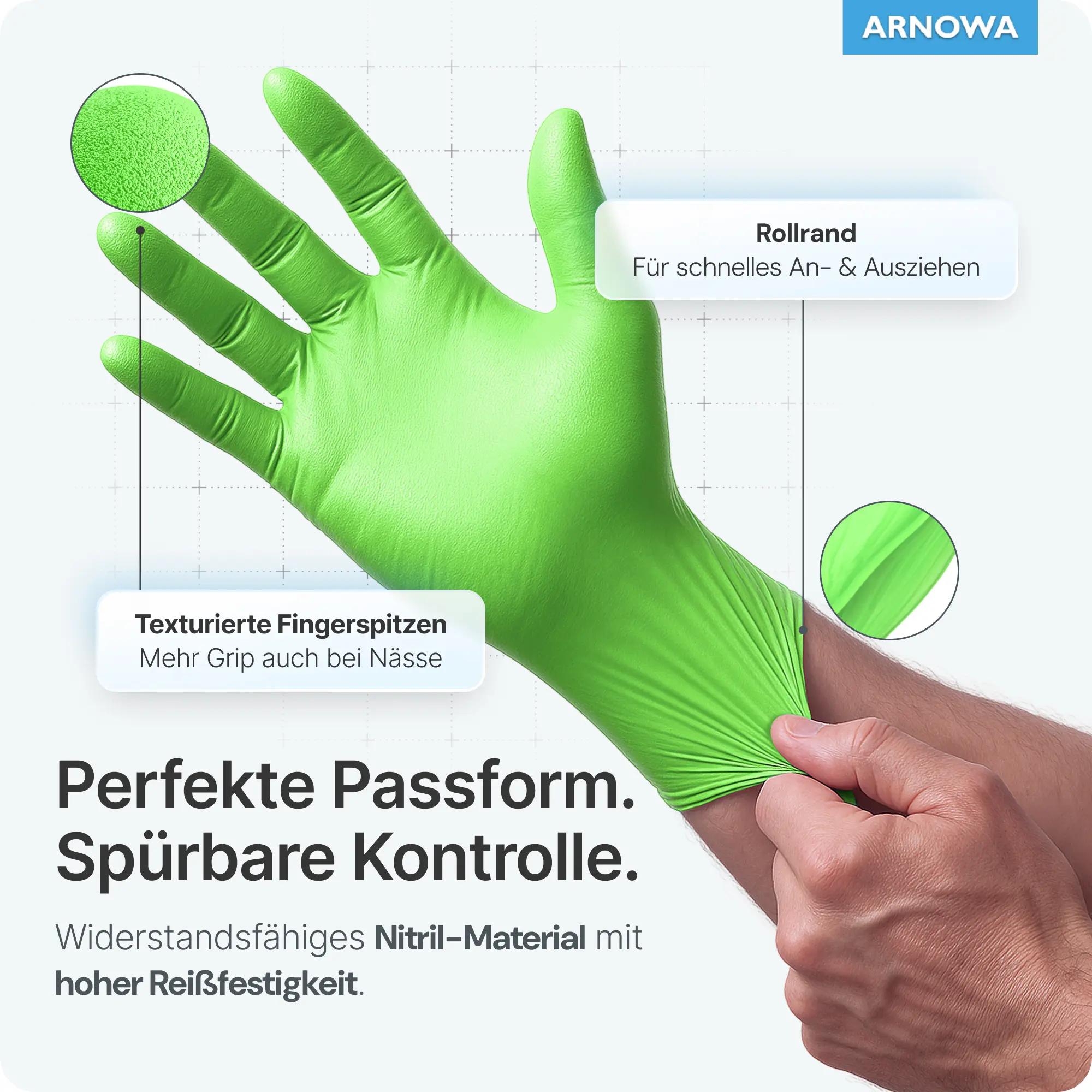 ARNOMED RAINBOW NITRIL LIME GREEN Nitrilhandschuhe grün, puderfrei, 100 Stück – dehnbarer Untersuchungshandschuh mit texturierten Fingerspitzen, Rollrand und hoher Reißfestigkeit für Medizin, Pflege und Labor