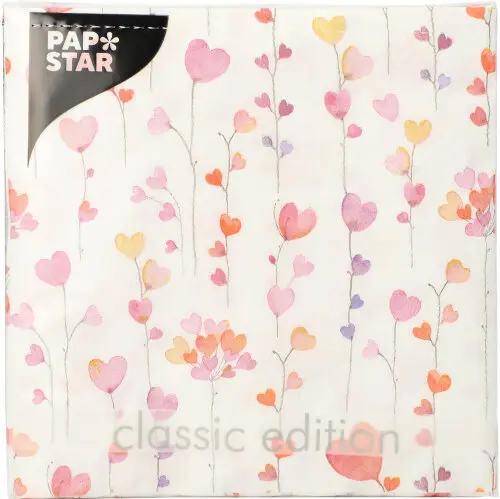 PAPSTAR Servietten, 3-lagig 1/4-Falz 33 cm x 33 cm "Vårhjärta" mit buntem Herzchen-Dekor auf hellen Tissue-Servietten, FSC- und Nordic-Swan-zertifiziert
