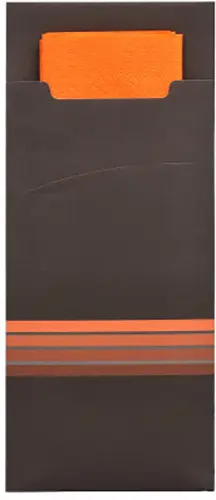 PAPSTAR 520 Bestecktaschen 20 cm x 8,5 cm schwarz/orange "Stripes" inkl. farbiger Serviette 33 x 33 cm 2-lag.