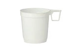 Kunststoffbecher weiß mit Henkel, stapelbar, robuster Mehrweg Trinkbecher für Camping, Outdoor und Party, Artikelnummer 106162