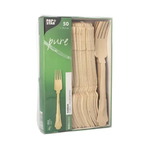 PAPSTAR Gabeln, Holz "pure" 19,5 cm "Vintage", 10 x 50 Stück – stabile, geschmacksneutrale Holzgabeln im Vintage-Design in Kartonverpackung