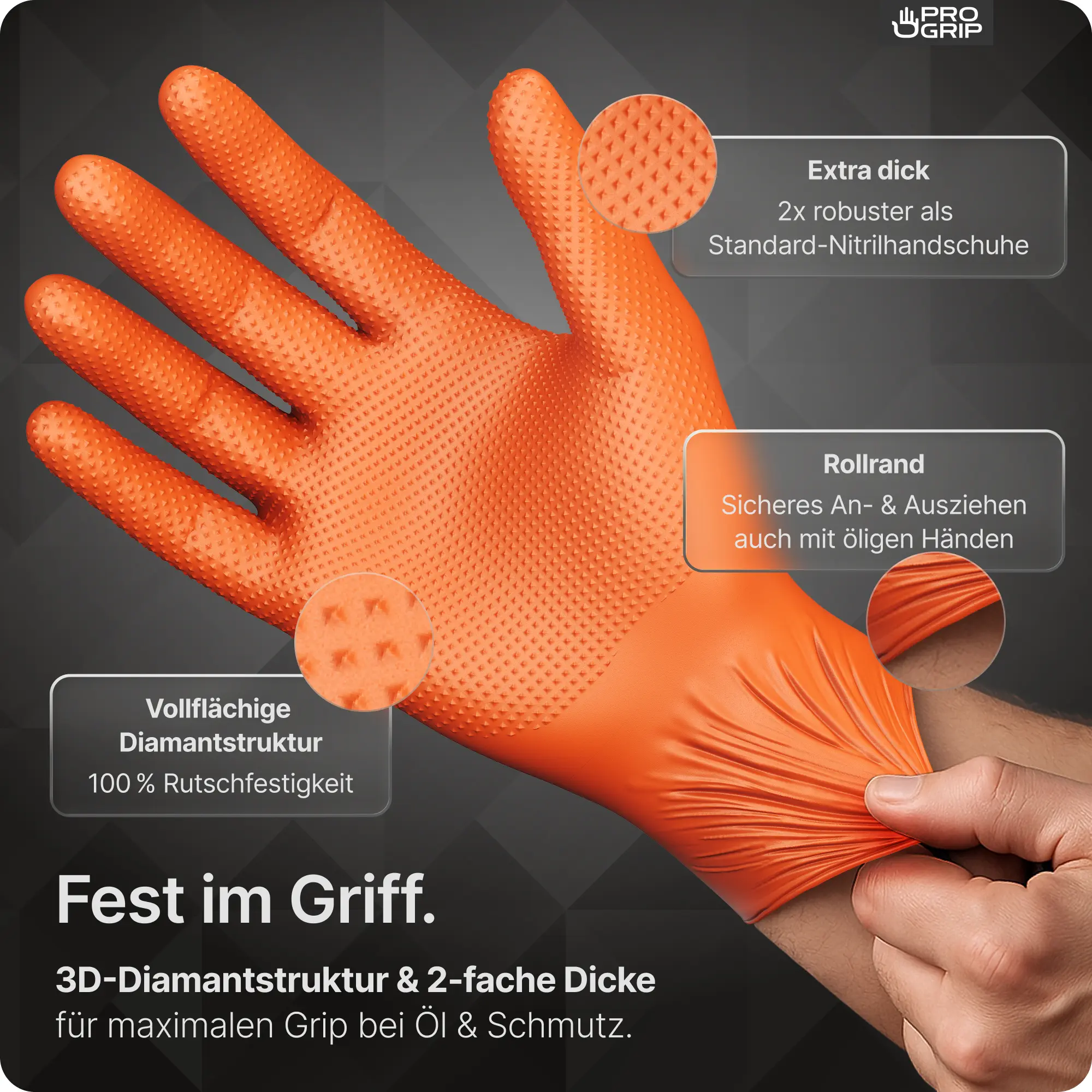 ARNOMED PROGRIP NITRIL DIAMOND ORANGE Nitrilhandschuhe, orange, puderfrei, extra dicke Einmalhandschuhe mit vollflächiger 3D-Diamantstruktur und Rollrand für sicheren Halt bei Öl und Schmutz, VE 50 Stück