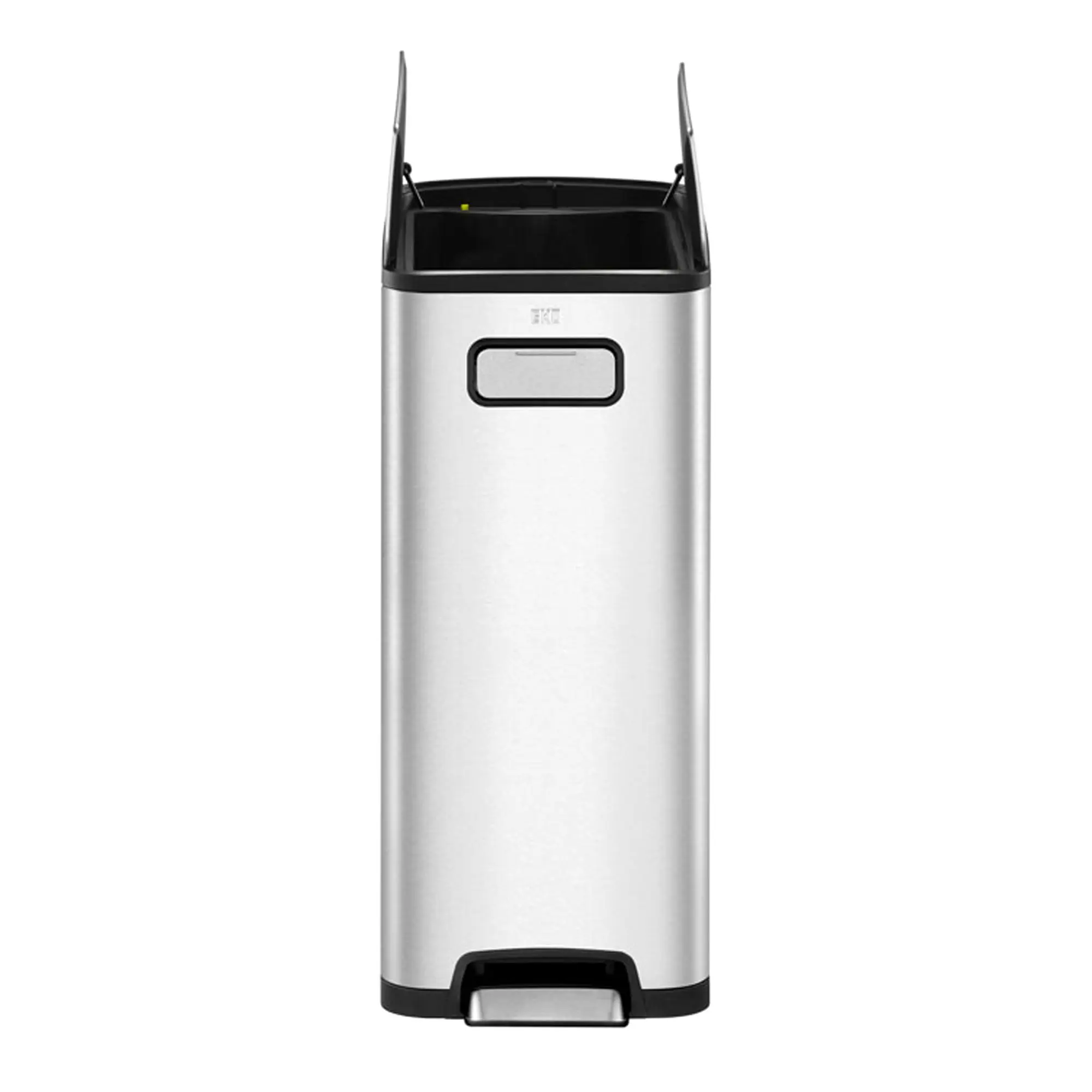 EKO Ecofly Tretmülleimer Edelstahl 30 Liter mit schmaler Form, zweigeteiltem Deckel, Rollen und Frontgriff für leichtes Herausziehen unter Arbeitsplatten, Artikelnummer 750244