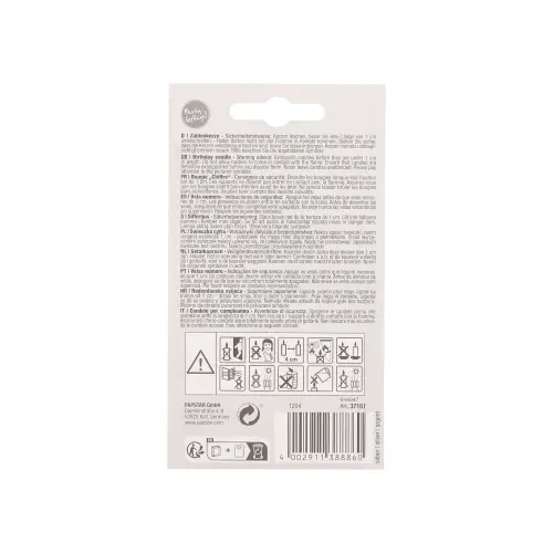 PAPSTAR Zahlenkerze mit Halter 7 cm silber "4", Rückseite der Verpackung mit mehrsprachigen Sicherheitshinweisen und Piktogrammen, Artikelnummer 89158