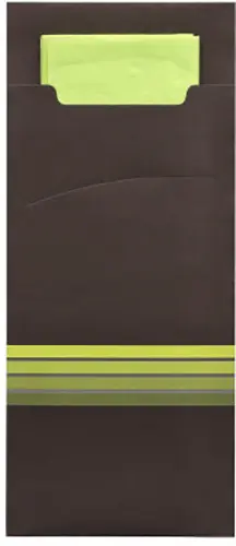 PAPSTAR 520 Bestecktaschen 20 cm x 8,5 cm schwarz/limone "Stripes" inkl. farbiger Serviette 33 x 33 cm 2-lag.