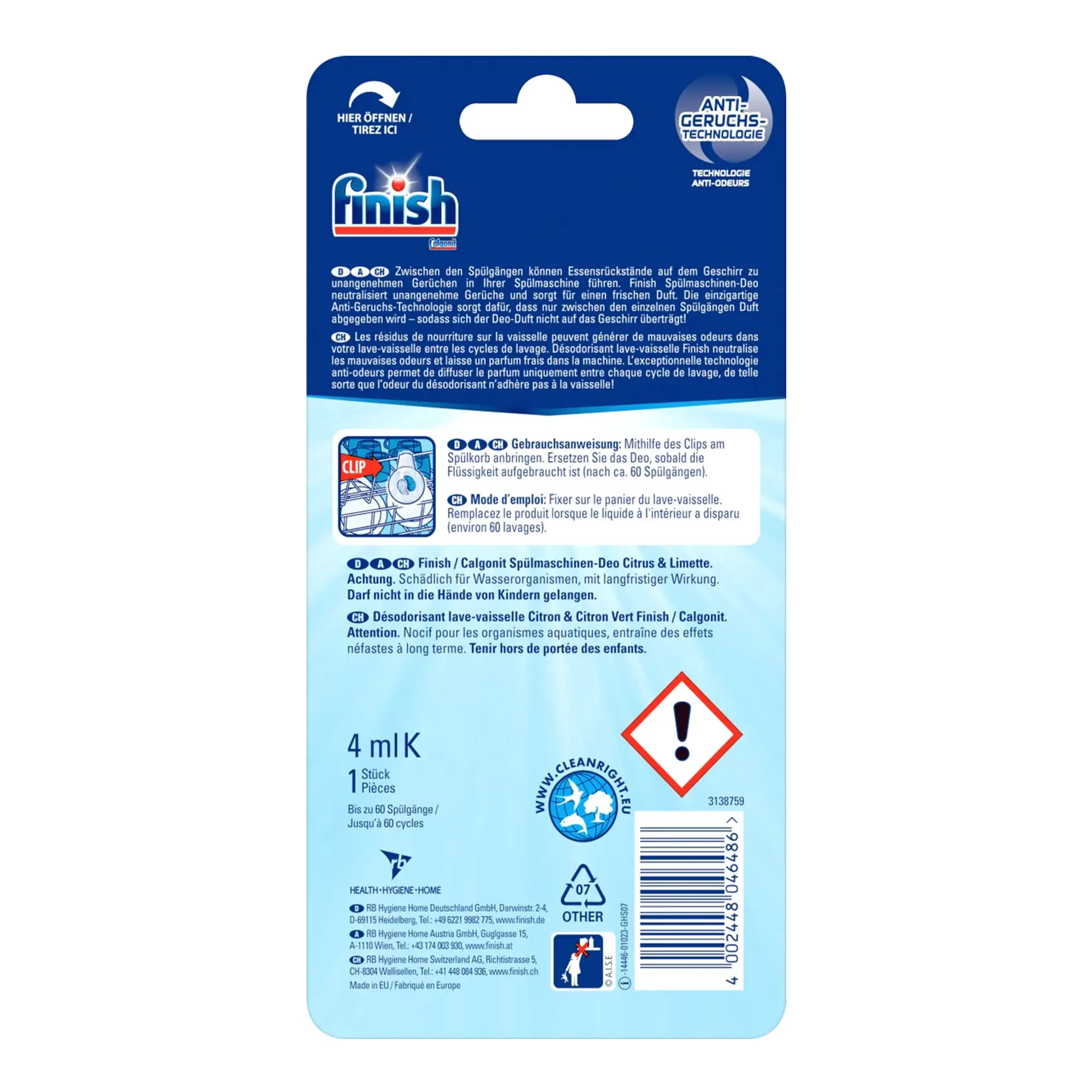 finish Spülmaschinen-Deo Citrus & Limette mit Easy-Clip zur Geruchsneutralisierung und frischem Duft für die Spülmaschine, Hersteller finish