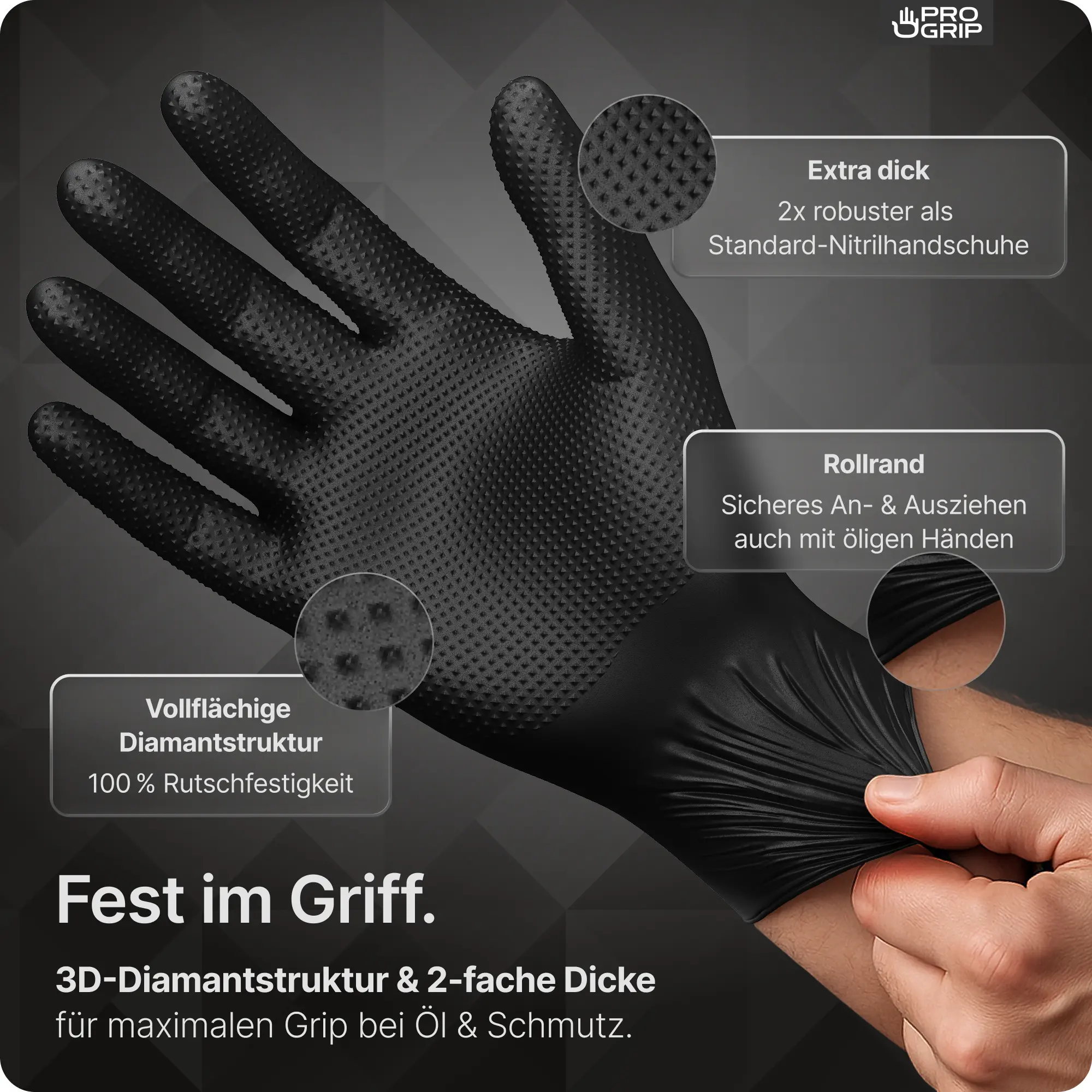 ARNOMED PROGRIP NITRIL DIAMOND BLACK Nitrilhandschuhe schwarz puderfrei, extra dicke Einmalhandschuhe mit vollflächiger 3D-Diamantstruktur und Rollrand für sicheren, rutschfesten Griff bei Öl und Schmutz, VE 50 Stück