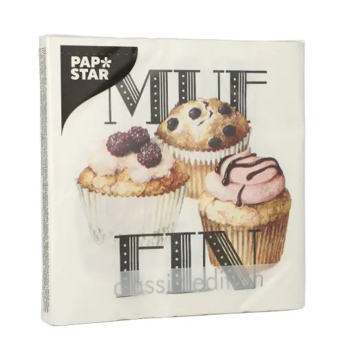 PAPSTAR Servietten, 3-lagig 1/4-Falz 33 x 33 cm "Muffin" mit Muffin-Motiv, umweltfreundliche Tissue-Servietten für Feste, Artikel 89480