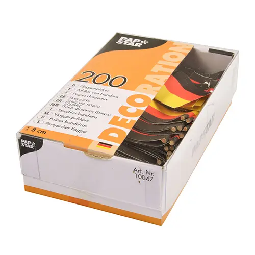PAPSTAR Deko-Picker 8 cm "Deutschland" aus Holz, schwarz-rot-goldene Fahnenpicker für Party und Buffet, 200 Stück in Box, Art.-Nr. 10047