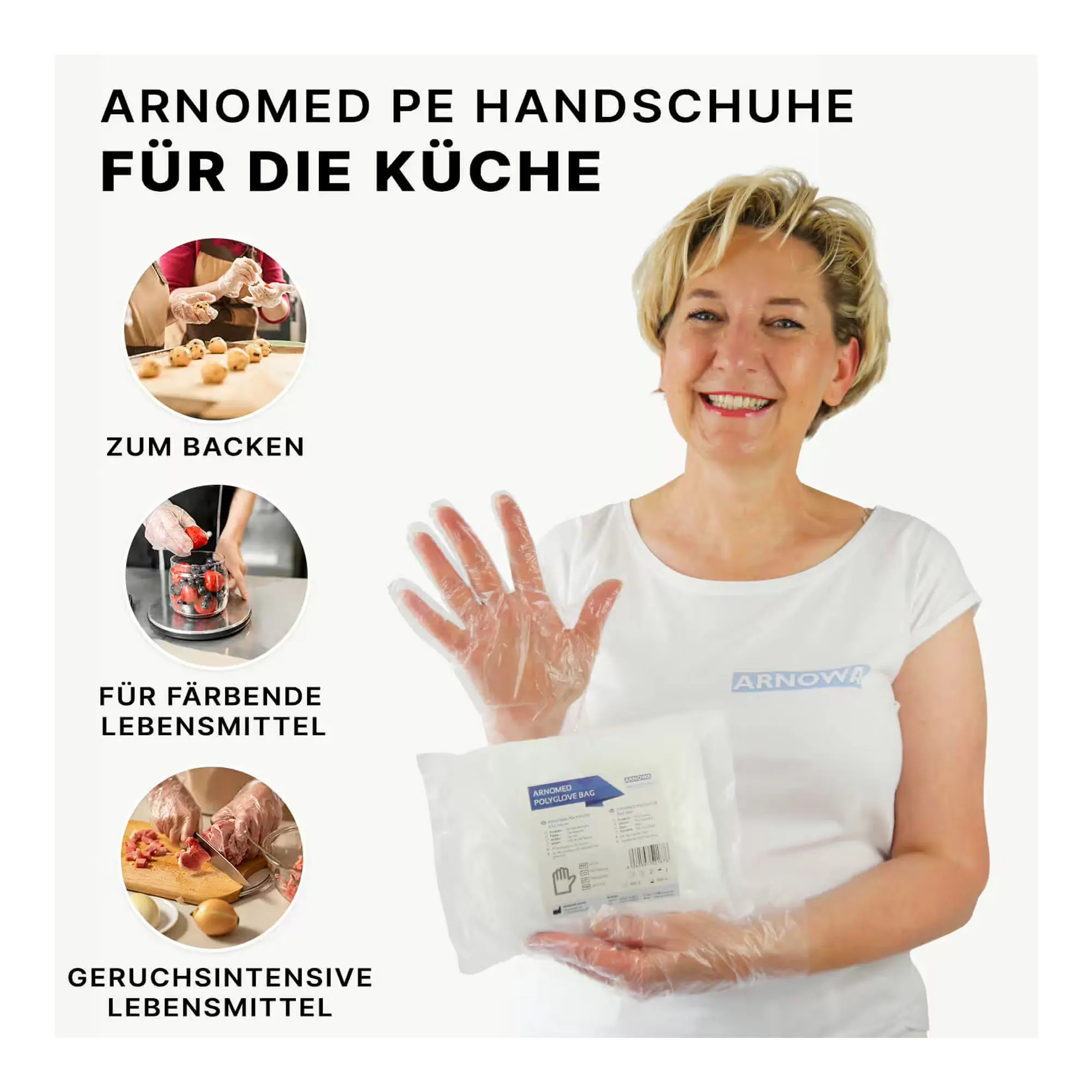ARNOMED POLYGLOVE BAG PE-Handschuhe transparent, latexfreie, puderfreie PE-Einmalhandschuhe mit gehämmerter Oberfläche für sicheren Halt beim Umgang mit Lebensmitteln in der Küche, VE 100 Stück