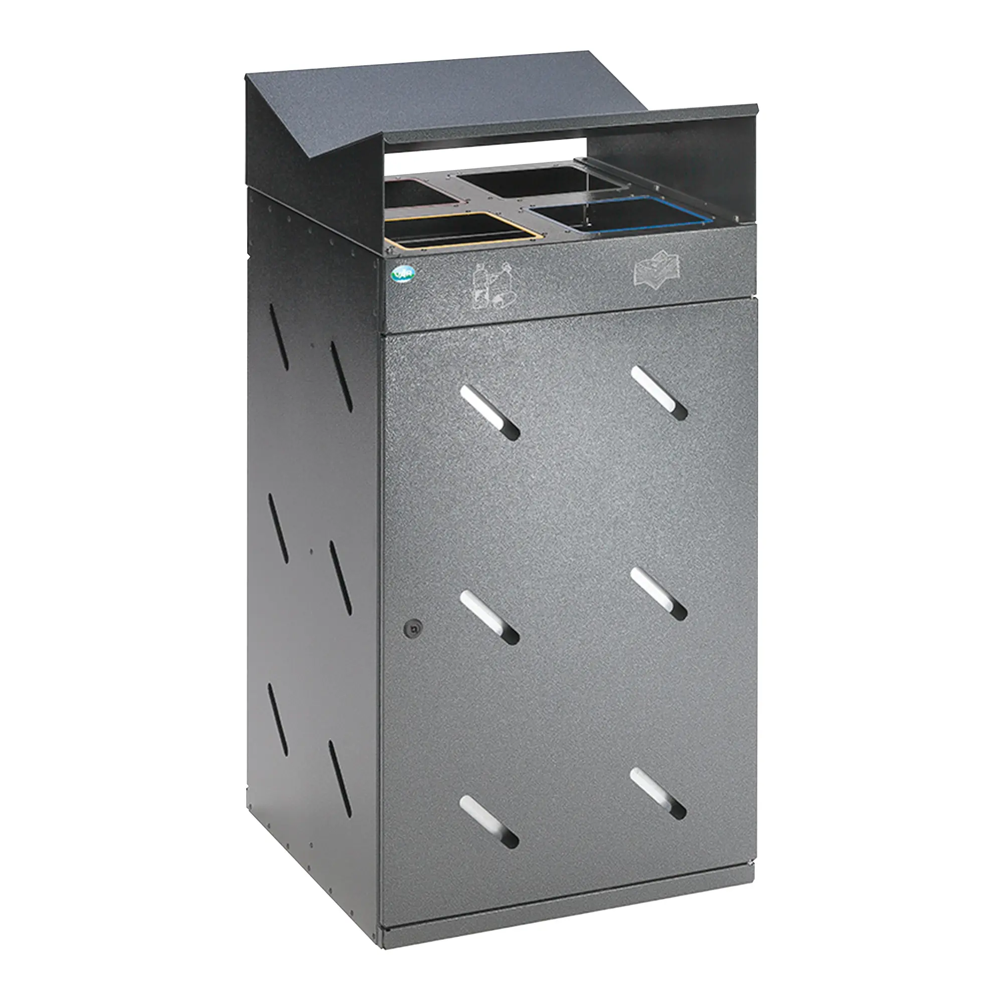 VAR Wertstoffsammelstation WS 58, 4 x 50 Liter aus beschichtetem Stahlblech, 4-fach Einwurf mit farbigen Öffnungen für Restmüll, Papier, Wertstoffe und Bioabfall, stabile Ausführung mit Regendach