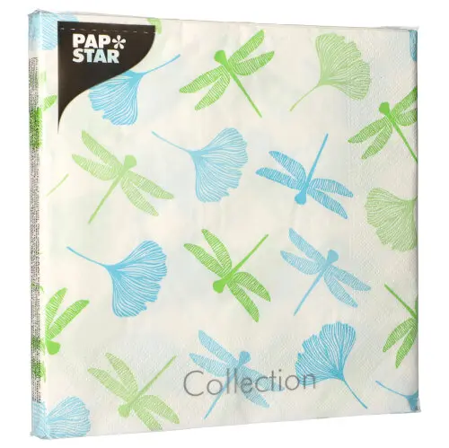 PAPSTAR Servietten, 3-lagig 1/4-Falz 40 x 40 cm grün Ginko mit blau-grünem Ginkoblatt- und Libellen-Dekor, FSC-zertifizierte Tissue-Servietten für umweltfreundliche Tischdeko