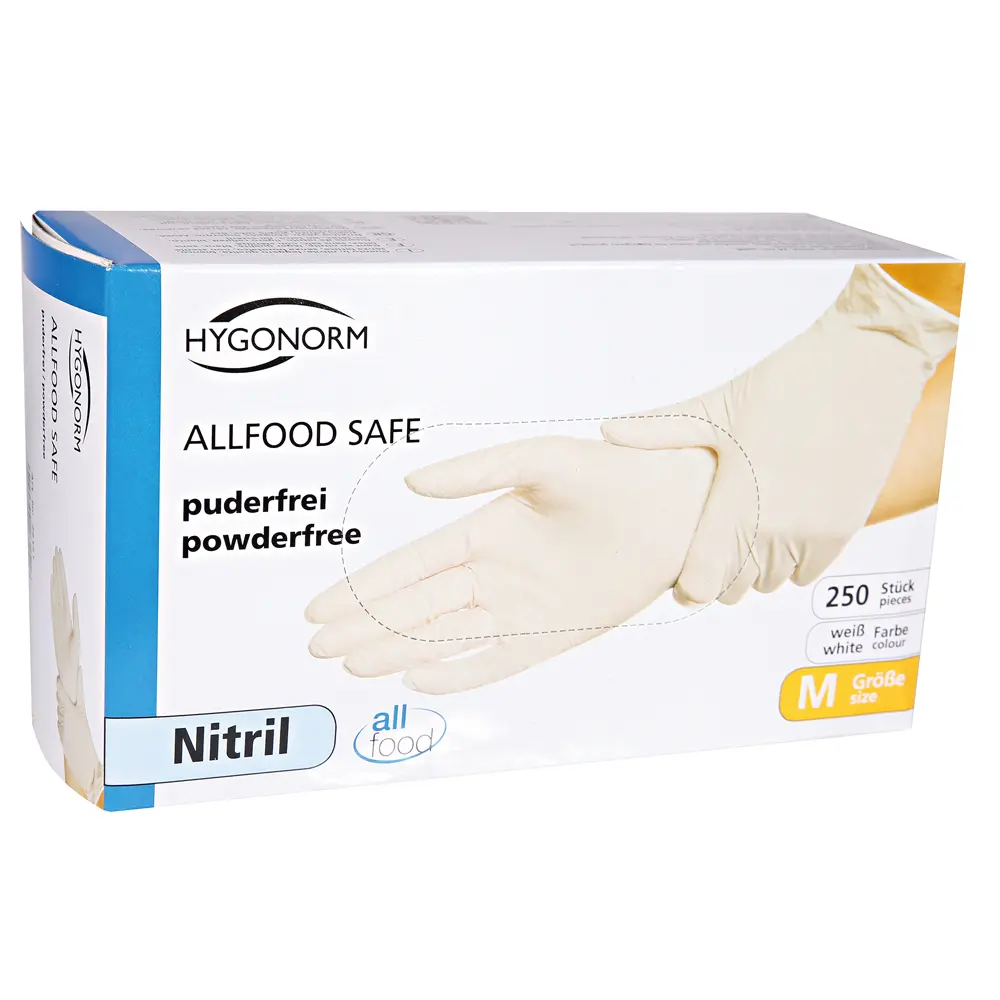 Hygonorm Allfood Safe Nitrilhandschuhe weiß puderfrei, VE 2500 Stück, hygienische Nitril-Einmalhandschuhe für Gastronomie und Lebensmittelverarbeitung, Art.-Nr. 12520